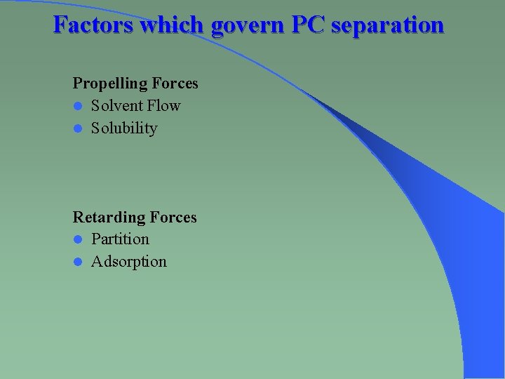 Factors which govern PC separation Propelling Forces l Solvent Flow l Solubility Retarding Forces