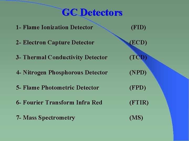 GC Detectors 1 - Flame Ionization Detector (FID) 2 - Electron Capture Detector (ECD)
