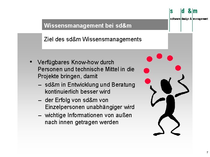 Wissensmanagement bei sd&m Ziel des sd&m Wissensmanagements • Verfügbares Know-how durch Personen und technische