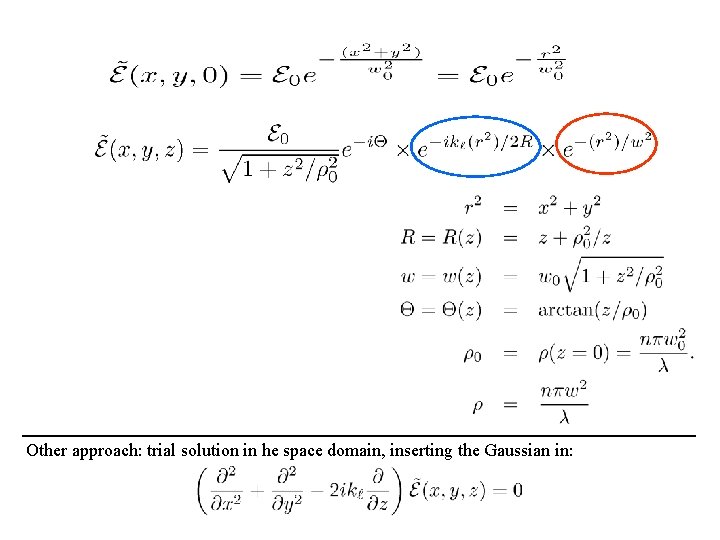 Other approach: trial solution in he space domain, inserting the Gaussian in: 