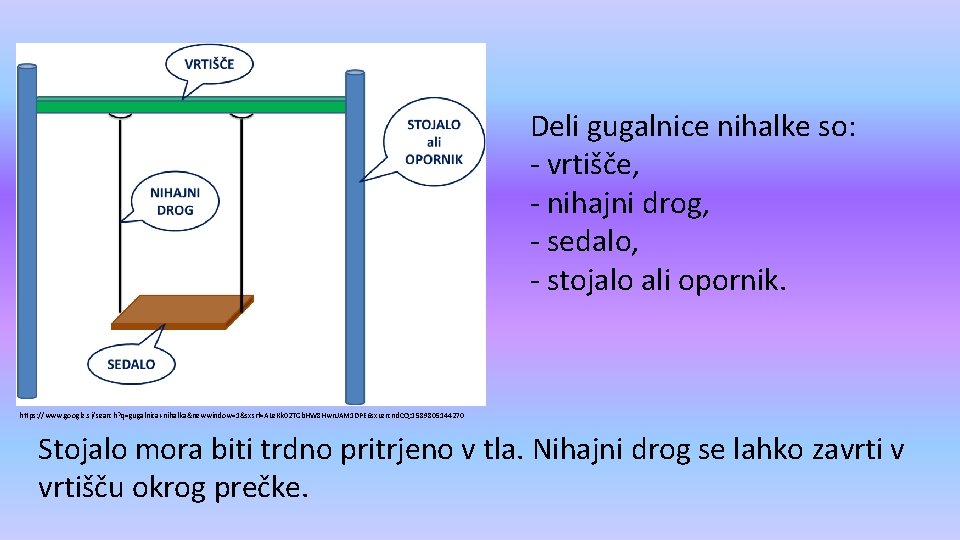 Deli gugalnice nihalke so: - vrtišče, - nihajni drog, - sedalo, - stojalo ali