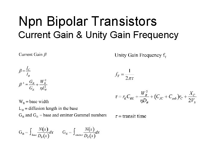 Npn Bipolar Transistors Current Gain & Unity Gain Frequency 