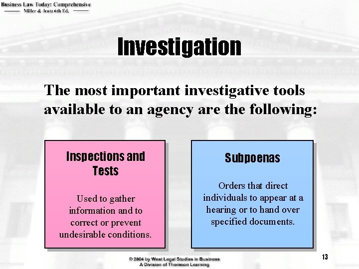 Investigation The most important investigative tools available to an agency are the following: Inspections