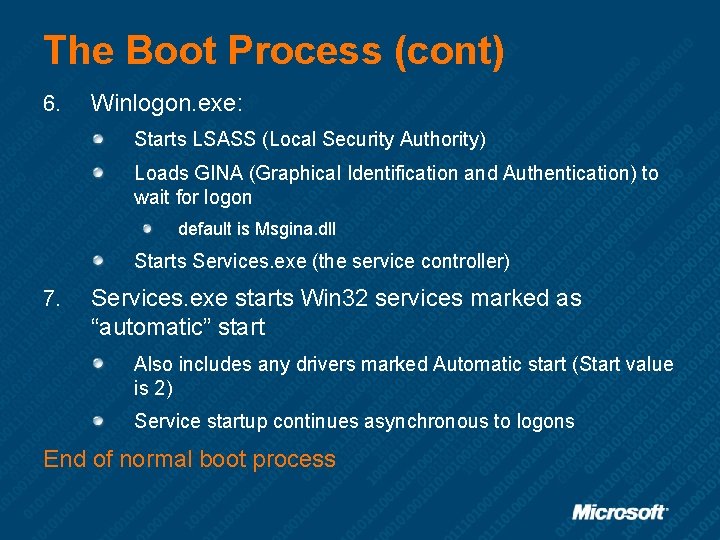 The Boot Process (cont) 6. Winlogon. exe: Starts LSASS (Local Security Authority) Loads GINA