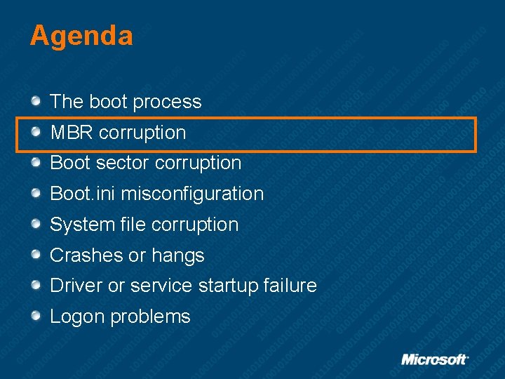 Agenda The boot process MBR corruption Boot sector corruption Boot. ini misconfiguration System file