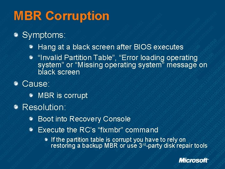 MBR Corruption Symptoms: Hang at a black screen after BIOS executes “Invalid Partition Table”,