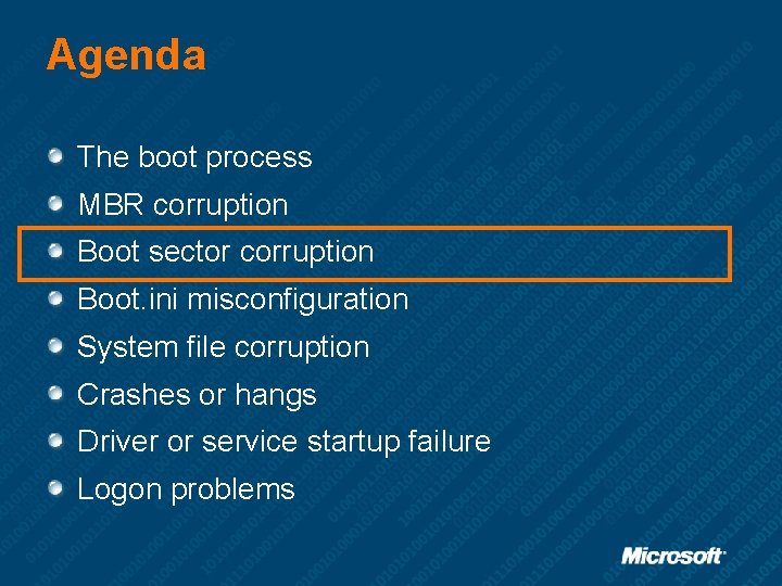 Agenda The boot process MBR corruption Boot sector corruption Boot. ini misconfiguration System file