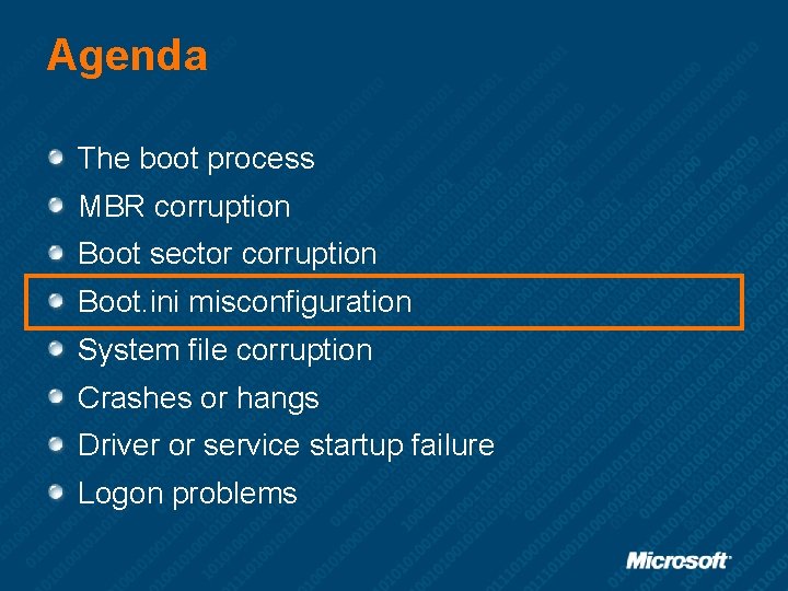 Agenda The boot process MBR corruption Boot sector corruption Boot. ini misconfiguration System file