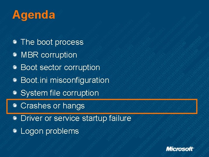 Agenda The boot process MBR corruption Boot sector corruption Boot. ini misconfiguration System file