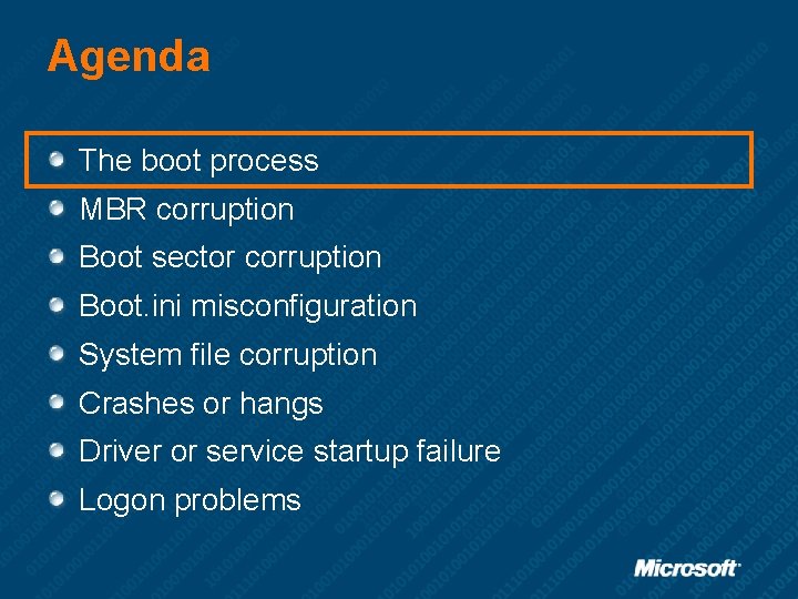 Agenda The boot process MBR corruption Boot sector corruption Boot. ini misconfiguration System file