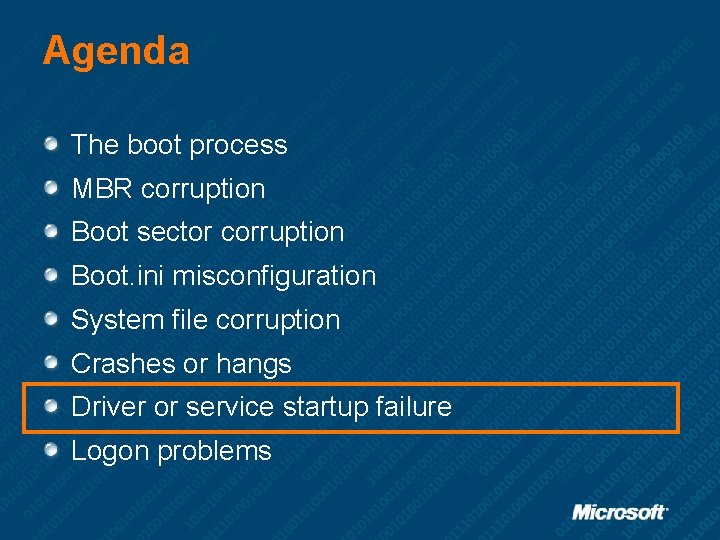 Agenda The boot process MBR corruption Boot sector corruption Boot. ini misconfiguration System file