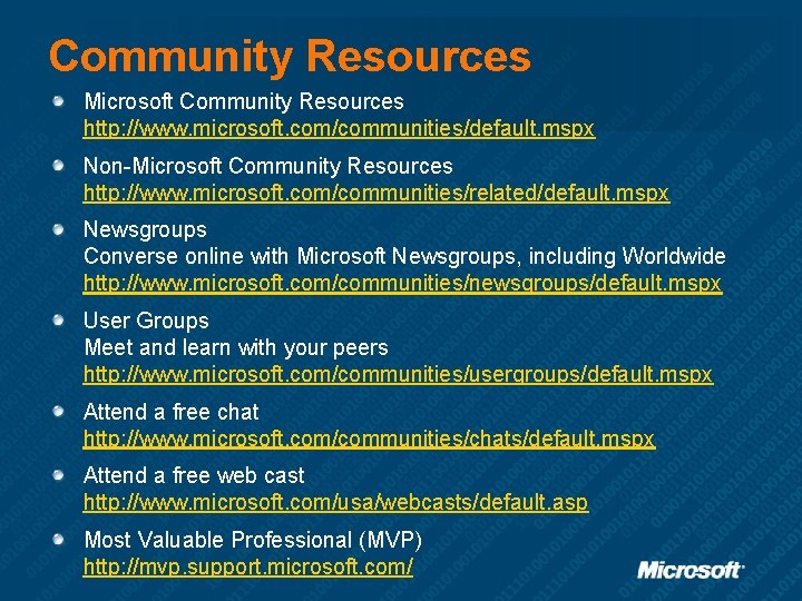 Community Resources Microsoft Community Resources http: //www. microsoft. com/communities/default. mspx Non-Microsoft Community Resources http: