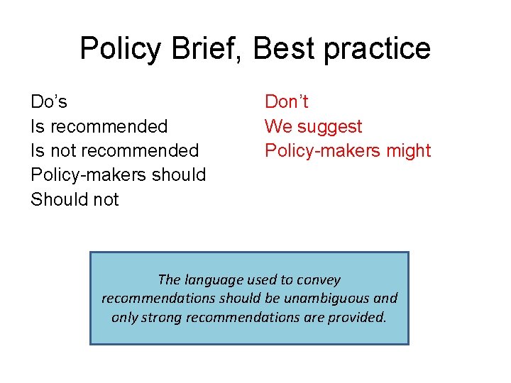 Policy Brief, Best practice Do’s Is recommended Is not recommended Policy-makers should Should not