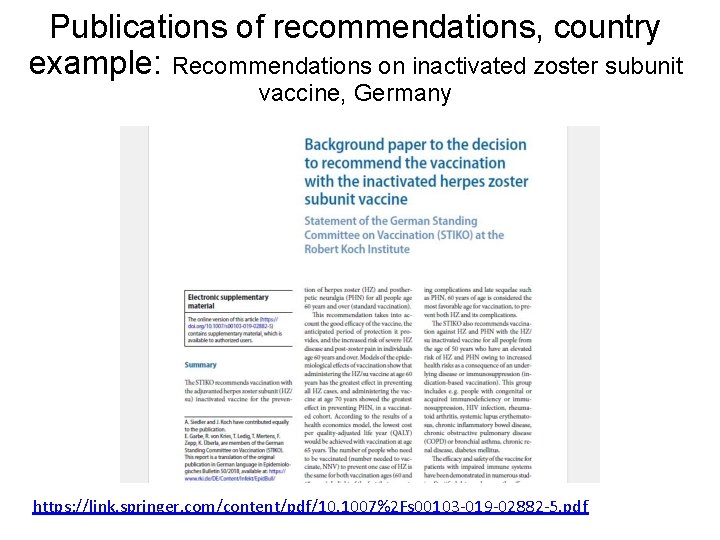 Publications of recommendations, country example: Recommendations on inactivated zoster subunit vaccine, Germany https: //link.