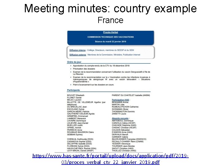 Meeting minutes: country example France https: //www. has-sante. fr/portail/upload/docs/application/pdf/201903/proces_verbal_ctv_22_janvier_2019. pdf 