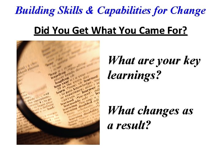 Building Skills & Capabilities for Change Did You Get What You Came For? What
