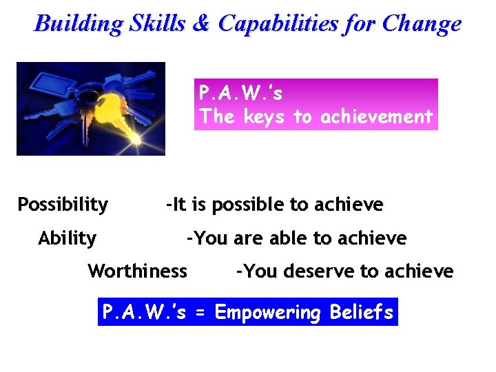 Building Skills & Capabilities for Change P. A. W. ’s The keys to achievement