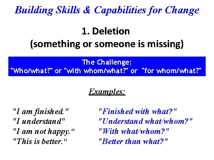 Building Skills & Capabilities for Change 1. Deletion (something or someone is missing) The