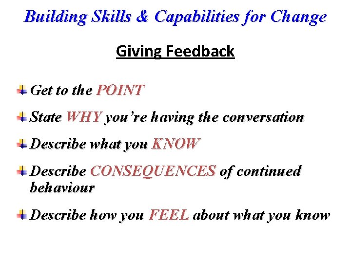 Building Skills & Capabilities for Change Giving Feedback Get to the POINT State WHY