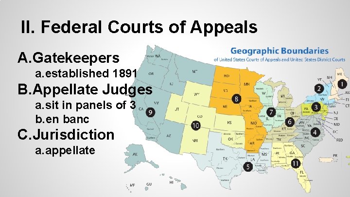 II. Federal Courts of Appeals A. Gatekeepers a. established 1891 B. Appellate Judges a.