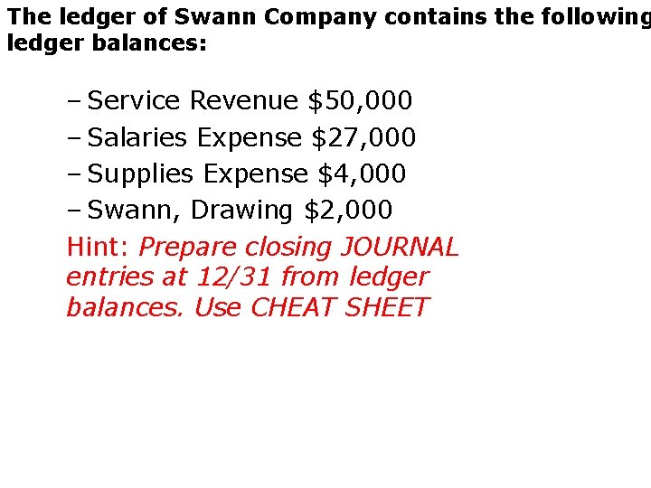 The ledger of Swann Company contains the following ledger balances: – Service Revenue $50,