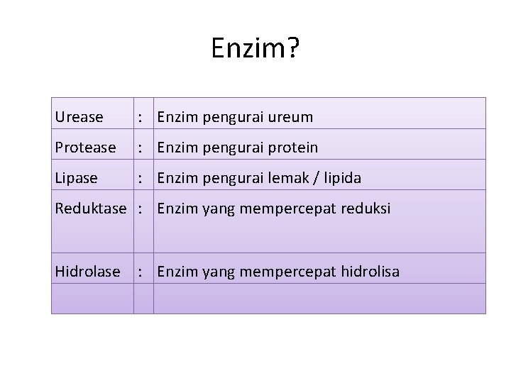 Enzim? Urease : Enzim pengurai ureum Protease : Enzim pengurai protein Lipase : Enzim