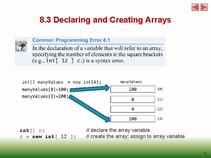 8. 3 Declaring and Creating Arrays int[] c; c = new int[ 12 ];