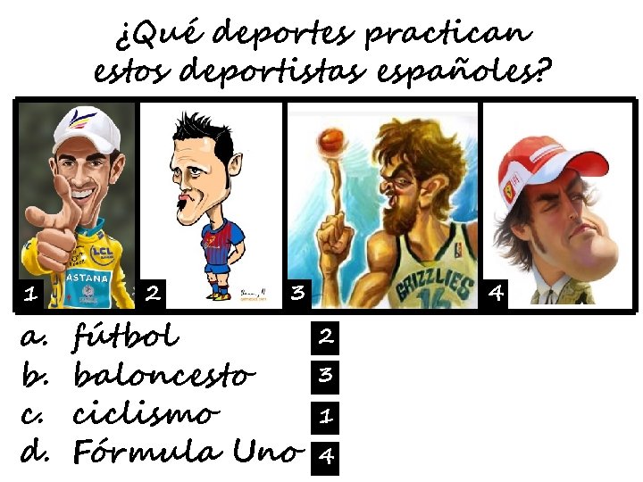 ¿Qué deportes practican estos deportistas españoles? 1 a. b. c. d. 2 3 fútbol