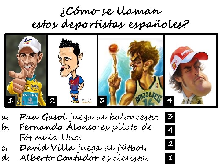 ¿Cómo se llaman estos deportistas españoles? 1 a. b. c. d. 2 3 Pau