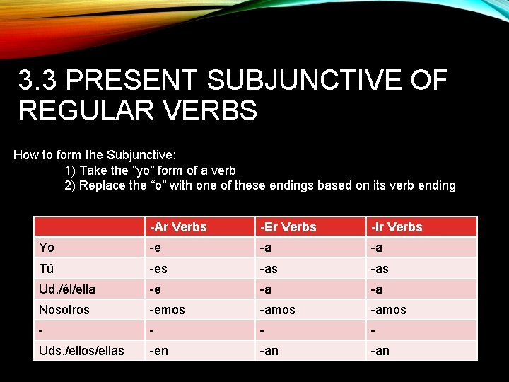 3. 3 PRESENT SUBJUNCTIVE OF REGULAR VERBS How to form the Subjunctive: 1) Take