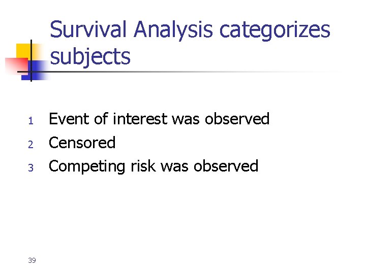 Survival Analysis categorizes subjects 1 2 3 39 Event of interest was observed Censored Survival Analysis categorizes subjects 1 2 3 39 Event of interest was observed Censored
