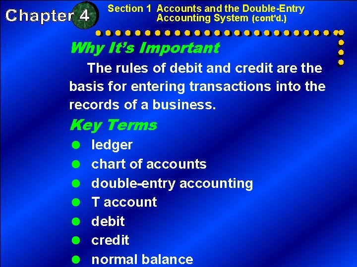 Section 1 Accounts and the Double-Entry Accounting System (cont'd. ) Why It’s Important The Section 1 Accounts and the Double-Entry Accounting System (cont'd. ) Why It’s Important The