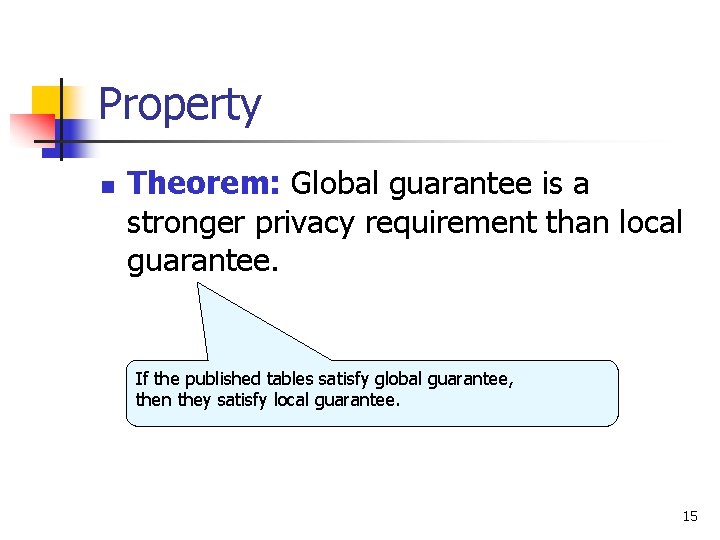 Property n Theorem: Global guarantee is a stronger privacy requirement than local guarantee. If