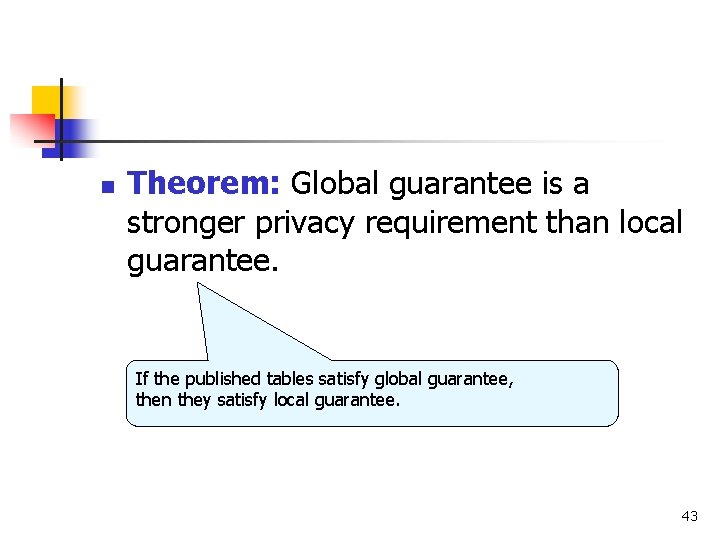n Theorem: Global guarantee is a stronger privacy requirement than local guarantee. If the