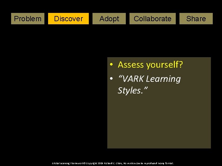 Problem Art. Adopt Lesson. Collaborate Discover Vark website • Assess yourself? • “VARK Learning