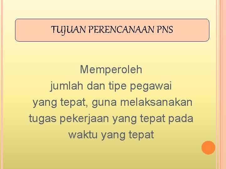 TUJUAN PERENCANAAN PNS Memperoleh jumlah dan tipe pegawai yang tepat, guna melaksanakan tugas pekerjaan