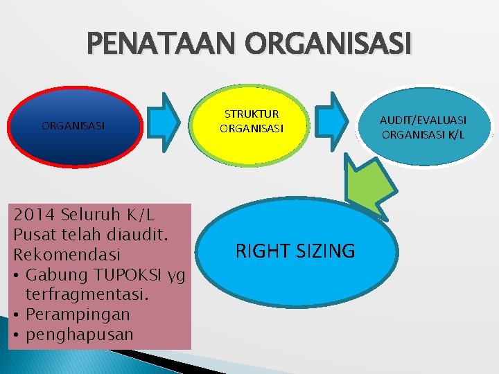 PENATAAN ORGANISASI 2014 Seluruh K/L Pusat telah diaudit. Rekomendasi • Gabung TUPOKSI yg terfragmentasi.