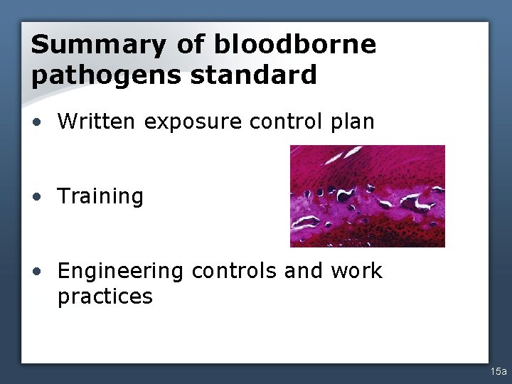 Summary of bloodborne pathogens standard • Written exposure control plan • Training • Engineering