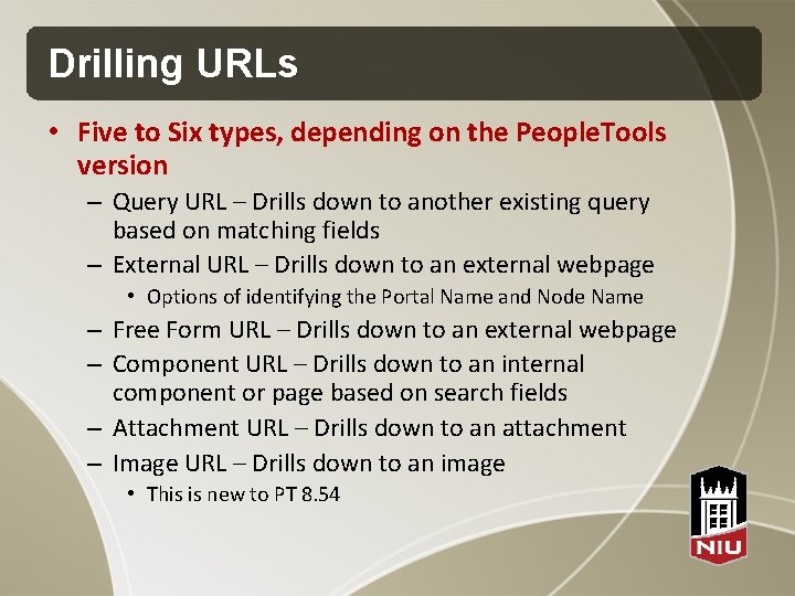 Drilling URLs • Five to Six types, depending on the People. Tools version –