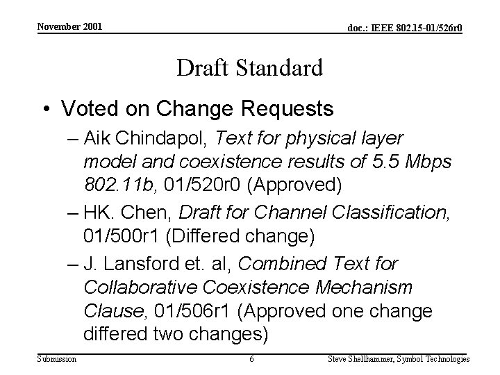 November 2001 doc. : IEEE 802. 15 -01/526 r 0 Draft Standard • Voted