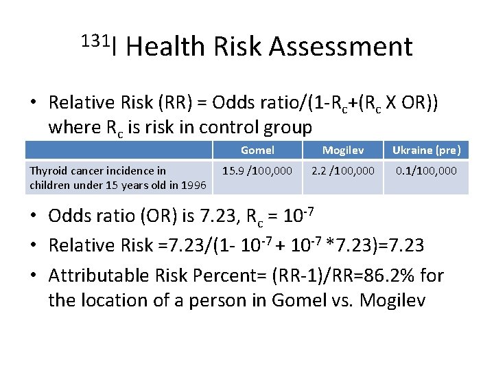 131 I Health Risk Assessment • Relative Risk (RR) = Odds ratio/(1 -Rc+(Rc X