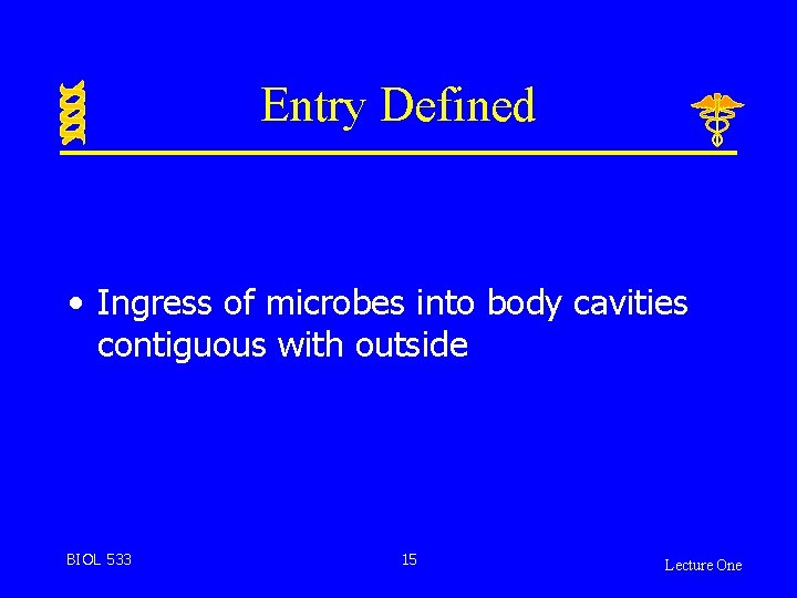 Entry Defined • Ingress of microbes into body cavities contiguous with outside BIOL 533