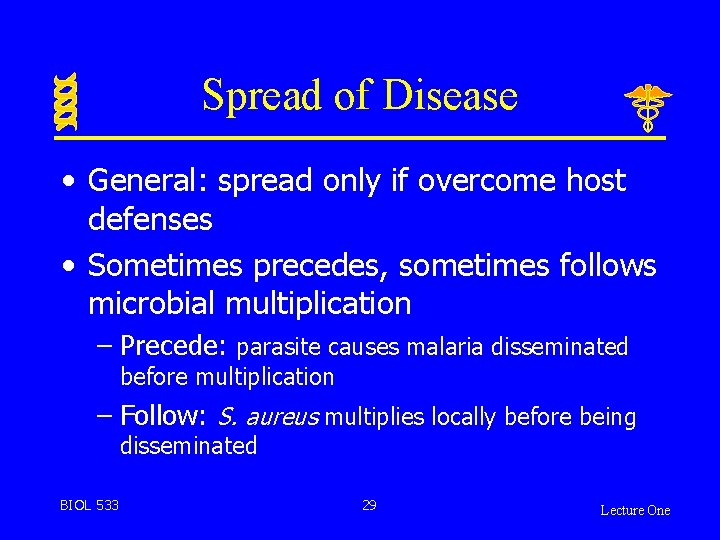 Spread of Disease • General: spread only if overcome host defenses • Sometimes precedes,