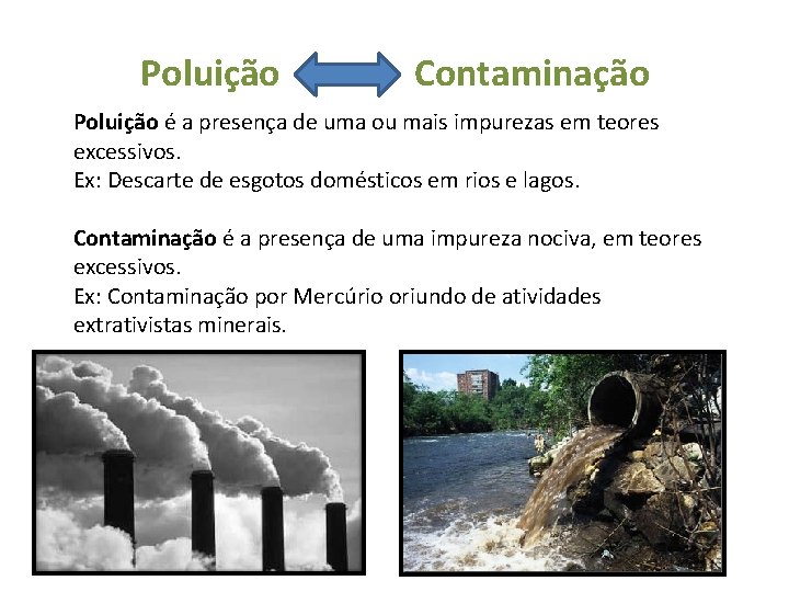Poluição Contaminação Poluição é a presença de uma ou mais impurezas em teores excessivos.