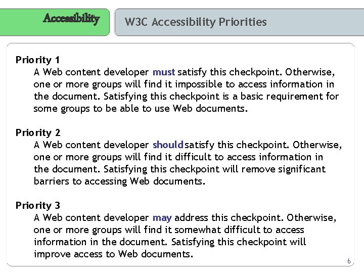 Accessibility W 3 C Accessibility Priorities Priority 1 A Web content developer must satisfy