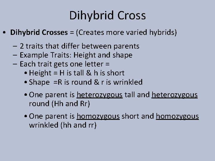Dihybrid Cross • Dihybrid Crosses = (Creates more varied hybrids) – 2 traits that