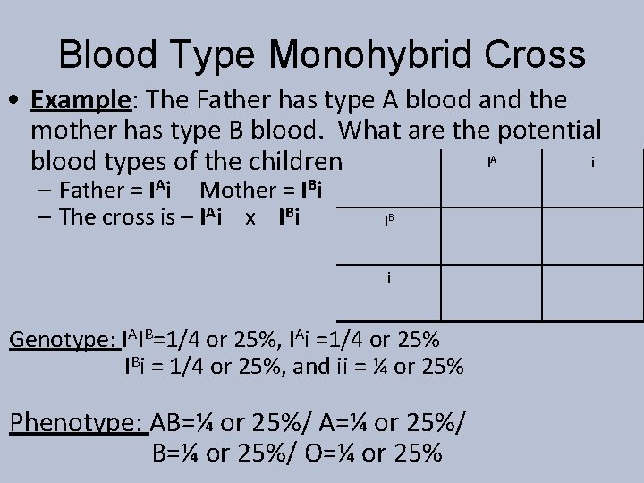 Blood Type Monohybrid Cross • Example: The Father has type A blood and the