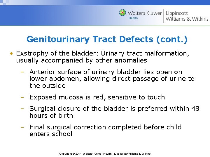 Genitourinary Tract Defects (cont. ) • Exstrophy of the bladder: Urinary tract malformation, usually