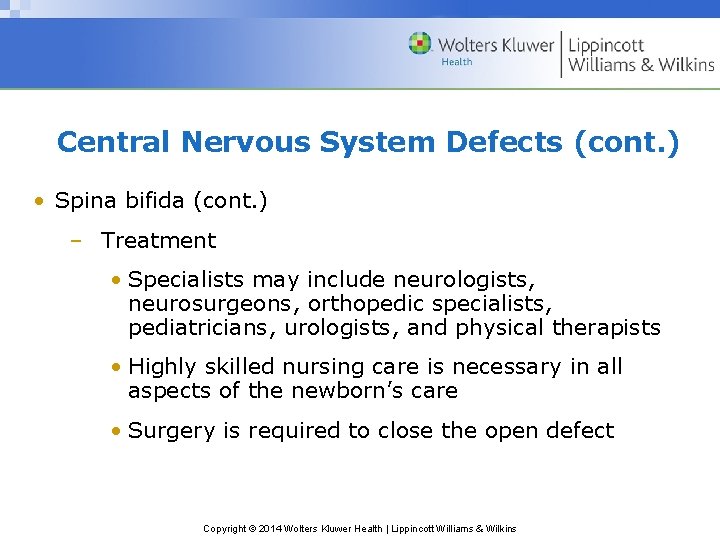Central Nervous System Defects (cont. ) • Spina bifida (cont. ) – Treatment •