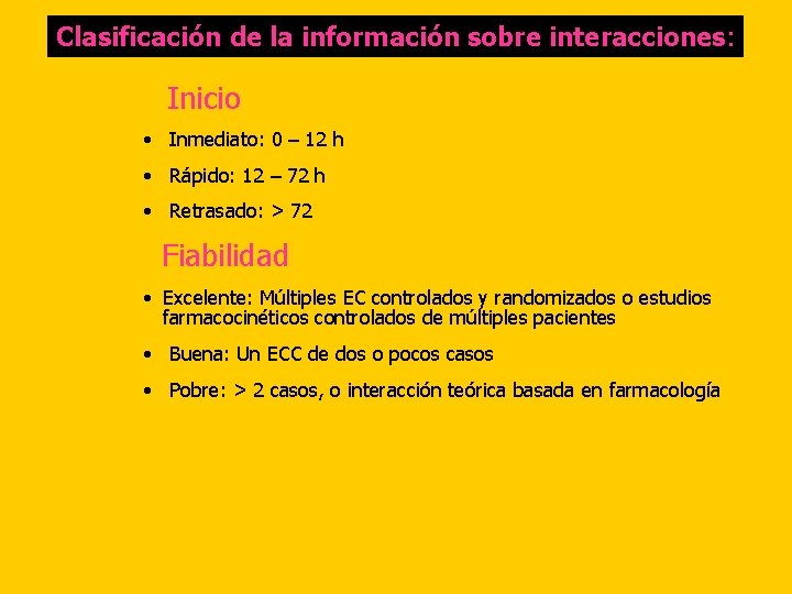 Clasificación de la información sobre interacciones: Inicio • Inmediato: 0 – 12 h •